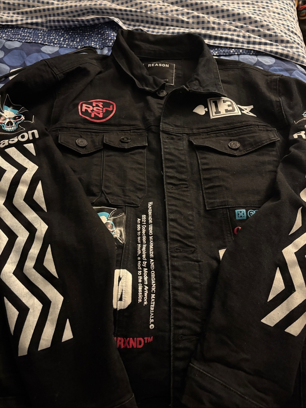 REASON Black Graphic Patchwork Denim Jacket